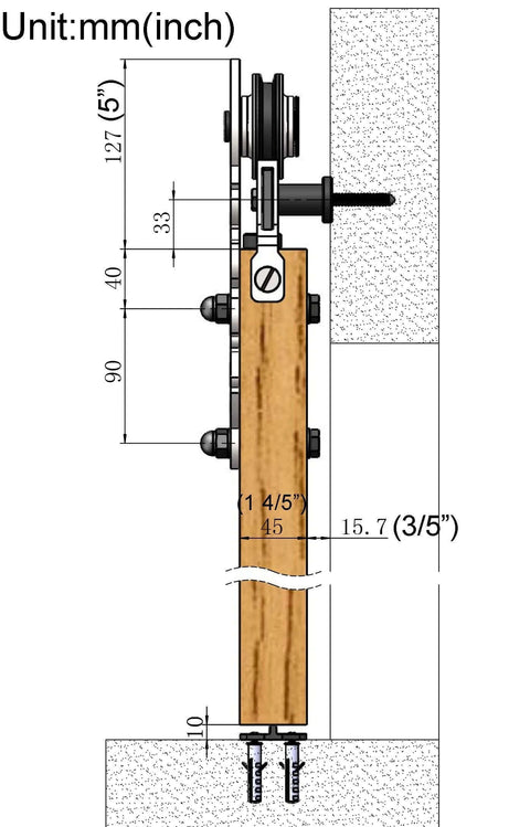 Side view diagram of Ornate Cut Roller Black Iron Sliding Barn Hardware Kit For Single Door Hardware Only, 5-foot track size.
