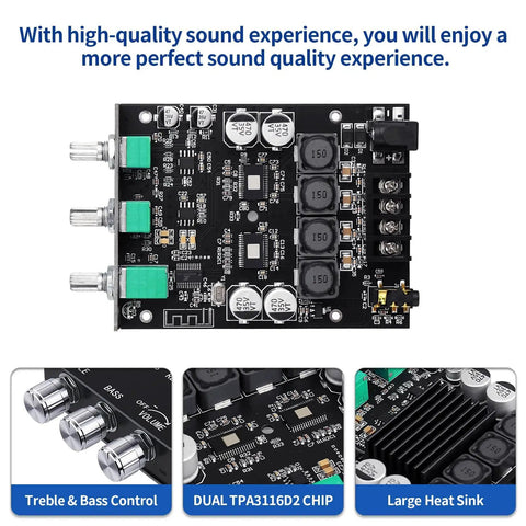 Bluetooth 5.0 200W Dual Channel HiFi Amplifier Module for DIY speakers, showing circuit board layout and control knobs