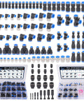 All In One 123 Piece Quick Connect Air Fittings Kit for Pneumatic Hoses Push To Connect and NPT Threads on display