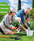 Extra Long 43.7 Inch Spade Shovel With Heavy Duty Steel Handle For Digging Gardening Camping Yard Work And Car Shovel Orange Durable All Purpose Tool For Landscaping And Outdoor Projects being used in garden by man and woman