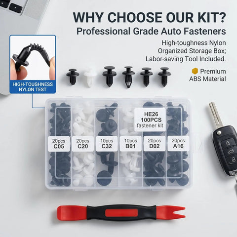 100 Piece Car Bumper Clips Kit With Plastic Rivets Fasteners And Push Retainers Universal Expansion Screws Auto Push Pin Rivet Set Removal Tool Included Heavy Duty Nylon ABS Black Fits Most Rides shown in open storage box with key fob and removal tool.