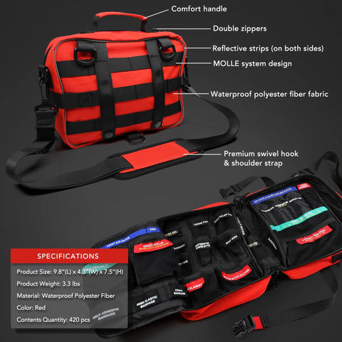 Red waterproof polyester first aid kit with MOLLE straps, compact travel size 9.8 x 4.3 x 7.5 in