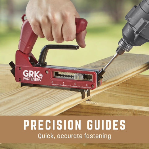 AnglePro Hidden Deck Fastening Tool demonstrates precise board gapping with clamping on wood for seamless install.