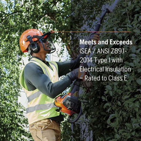 Worker wearing Chainsaw Helmet With Metal Mesh Face Shield, Adjustable Ear Muffs, Sun Peak, HDPE Forestry Shell cutting tree