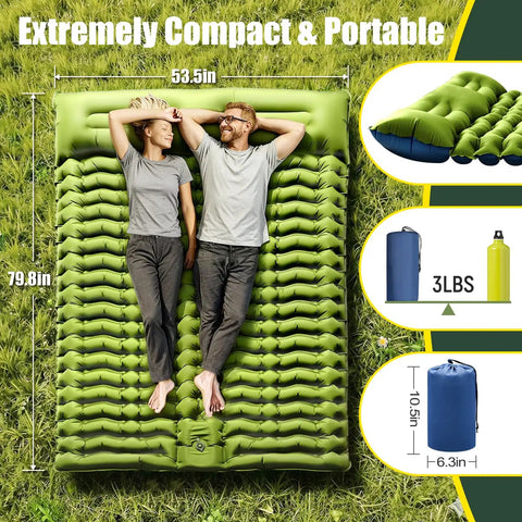 Couple on Double Sleeping Pad For Two With Built In Pillows, Self Inflating 4 Inch Thick Inflatable Sleeping Mat With Foot Pump