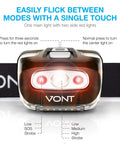 Close-up of Rugged LED Headlamp from 4 pack with buttons, IPX5 waterproof design, modes displayed for running and camping.