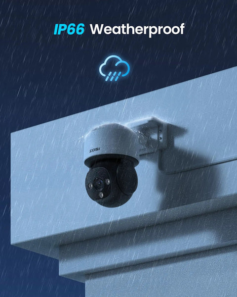 Top Shelf 4K PoE Security Camera Quad Pack, Hella Crisp 8MP Footage With Smooth Pan And Tilt Controls, Built Tough For Outside Weather, Tight Two Way Audio Pickup, Rock Solid Night Vision Gear mounted under rain, IP66 weatherproof.
