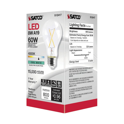 Dimmable LED Filament A19 Bulbs 8W 4000K 90 CRI Clear Glass Medium Base 120V 24 Pack box showing specifications
