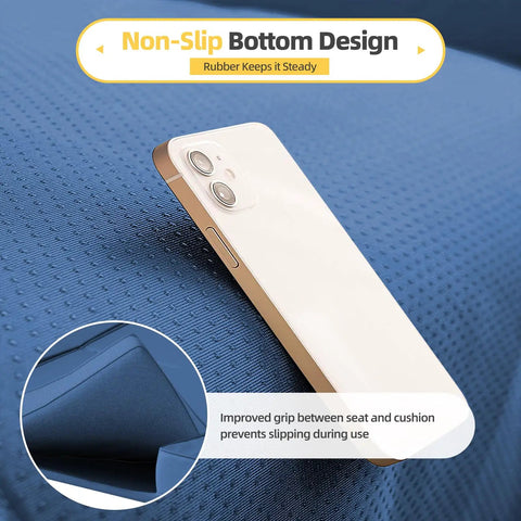 Close-up of phone on cushioned seat with non-slip rubber detailing for three seat outdoor porch patio swing with adjustable canopy.