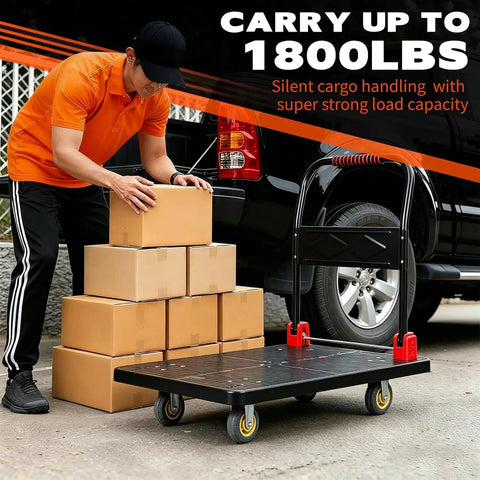 Heavy Duty Folding Platform Cart With Silent TPR Wheels, Straight Up Heavy Dolly For Moving And Garage Hauling, Hella Smooth Handcart Built For Daily Warehouse Grinds with boxes being loaded.
