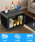 Compact Money Safe With Key Lock And Coin Slot Hidden Stash Box For Cash Jewelry Passports And Valuables Easy Access Home Office Travel Safe For Families Kids And Pets Today showing open grey steel safe with cash, gold bars, and credit card.
