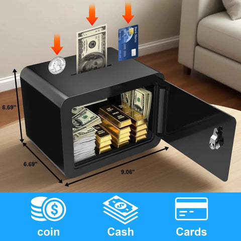 Compact Money Safe With Key Lock And Coin Slot Hidden Stash Box For Cash Jewelry Passports And Valuables Easy Access Home Office Travel Safe For Families Kids And Pets Today showing open grey steel safe with cash, gold bars, and credit card.