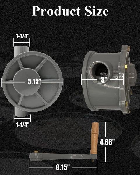 Beefy Rotary Hand Pump For Aluminum Drum Fuel Caddy 30 40 Gallon NPT Thread Inlet One And A Quarter Inch Outlet One Inch Easy No Fuss Manual Fuel Transfer For Gasoline Diesel Portable Oil Pump size diagram showing 1-1/4 in inlet, 3 in body, and 8.15 in handle