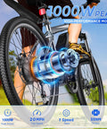 Close-up of Electric Mountain Bike for Adults 26 Inch Wheel With 1000 Watt Peak Motor, showcasing motor and wheel components