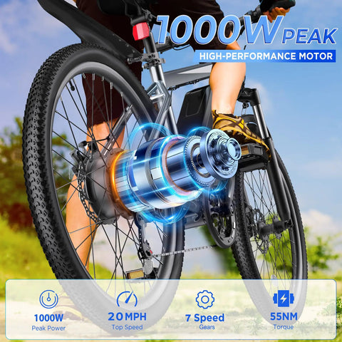 Close-up of Electric Mountain Bike for Adults 26 Inch Wheel With 1000 Watt Peak Motor, showcasing motor and wheel components