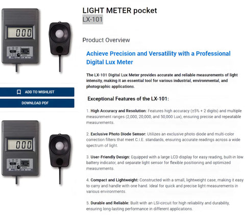 Pocket Lux Meter Digital Light Reader With High Accuracy Plus Two Digit Resolution Multi Range Illuminance Photometer For Lux And FC Super Handy Compact Tester With Large LCD Display, LX-101 sensor and display
