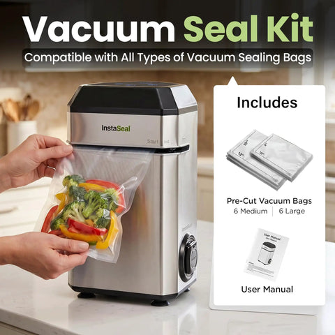 Hand using Upright Food Vacuum Sealer For Meal Prep And Bulk Buys Keeps Freshness Eight Times Longer With A 60 Kpa Seal