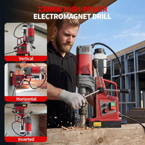 Man using 2 Inch Magnetic Drill Press Beast Power With 210mm Max Stroke 13000N Magnetic Force 1450W 820 RPM in outdoor construction site.
