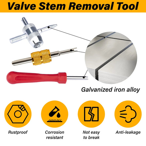 All In One Tire Valve Repair Kit With 2 Stem Removal Tools showing valve stem tool design and features