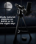 Beginner Kids Telescope With Built In Compass For Super Easy Space Watching And Terrestrial Clues, Refractor Astronomical Scope, 100x Magnification, 400mm Focal Length, Finderscope, Durable Aluminum Tube on tripod with moon view