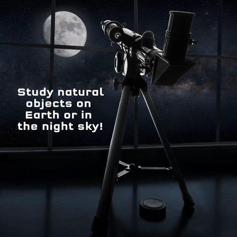 Beginner Kids Telescope With Built In Compass For Super Easy Space Watching And Terrestrial Clues, Refractor Astronomical Scope, 100x Magnification, 400mm Focal Length, Finderscope, Durable Aluminum Tube on tripod with moon view