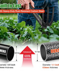 Comparison of garden tool handles showing diameter and rust-resistant carbon steel composition for Two-In-One Garden Hoe Tool