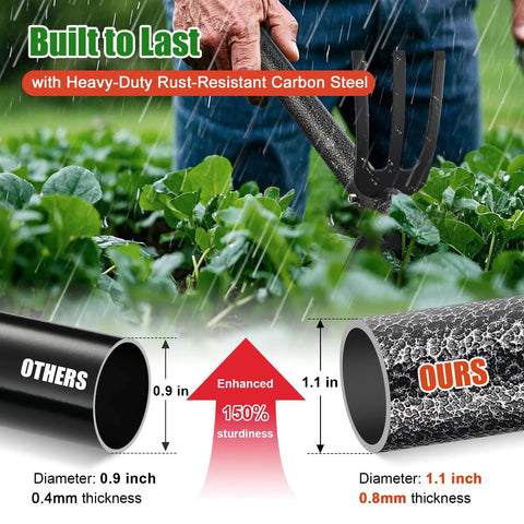 Comparison of garden tool handles showing diameter and rust-resistant carbon steel composition for Two-In-One Garden Hoe Tool