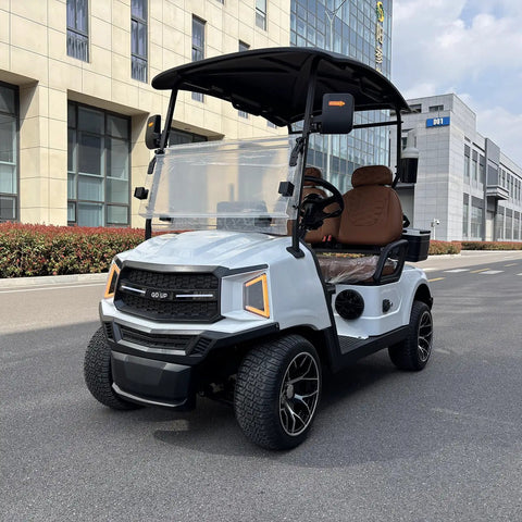 Kick Back In Comfort On This Sleek White Two Seater Electric Golf Cart Powered By A Dependable 48V Lithium Battery All Weather Dash Switches And Sure Grip Tires For Every Epic Course Round.