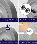 Heavy Lifter 5 Inch Non Marking Rubber Caster Wheels For Cart Furniture with double precision ball bearing and safe for all floors.