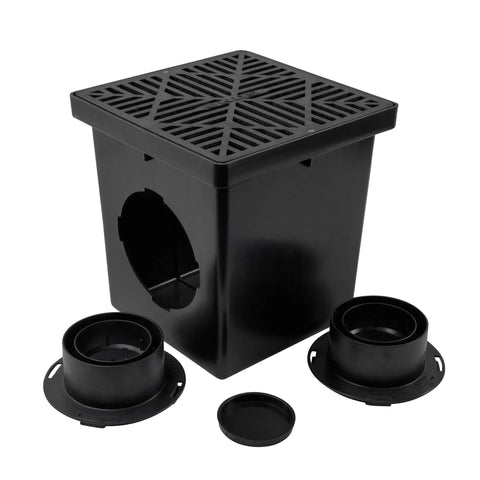 Square Catch Basin Drain Kit With Two Opening Basin Black Plastic Grate Two Outlet Adapters And One Outlet Plug 12 Inch Stormwater Drainage Solution For Yards Patios And Hardscapes