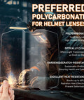 Hand holding polycarbonate lens with welding scene, featuring text about high strength and optical clarity for helmet protection.