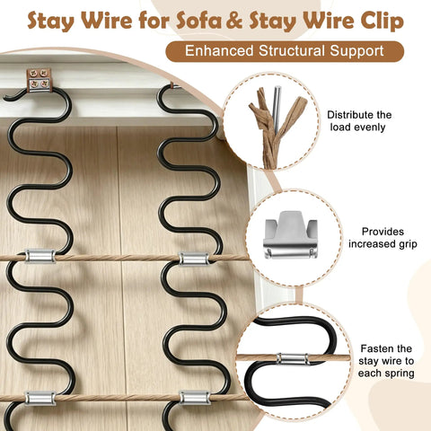 Stay wire and clips for sofa support, used in Hard As Nails Heavy Duty Couch Spring Repair Kit for zero stress recliner restoration.
