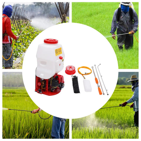 Pro Grade Backpack Sprayer Fogger For Pest Control with accessories displayed and farmers using foggers in fields