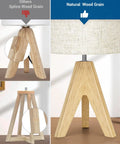 Boho Wood Tripod Table Lamp With Linen Fabric Shade For Nightstand Or Bedside Use Cozy Warm Glow For Living Room Bedroom Nursery Or Kids Room Fourteen Point Two Inch Tall With Simple On Off Switch, showing close-up of natural wood grain and beige linen shade.