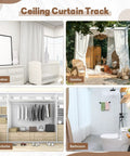 Self-Adhesive Ceiling Curtain Track Rail 11 Ft No-Drill No-Damage Peel-and-Stick For Windows Cabinets Closets Bathrooms Shower Curtains Room Dividers Instant Privacy Easy DIY Install; white track for window, wardrobe, gazebo, bathroom