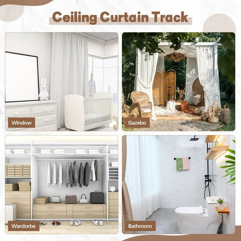 Self-Adhesive Ceiling Curtain Track Rail 11 Ft No-Drill No-Damage Peel-and-Stick For Windows Cabinets Closets Bathrooms Shower Curtains Room Dividers Instant Privacy Easy DIY Install; white track for window, wardrobe, gazebo, bathroom