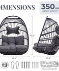 Outdoor Egg Chair Without Stand With Cushion, Cozy Foldable Weather Resistant Rattan Hanging Hammock Seat For Balcony Patio Pergola Or Tree Mount, Up To 350 Lbs, Dark Grey, shown with dimensions and hardware included.