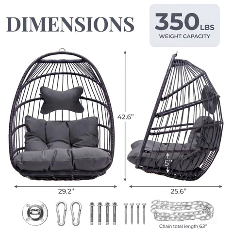 Outdoor Egg Chair Without Stand With Cushion, Cozy Foldable Weather Resistant Rattan Hanging Hammock Seat For Balcony Patio Pergola Or Tree Mount, Up To 350 Lbs, Dark Grey, shown with dimensions and hardware included.