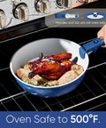 27 Piece Ceramic Nonstick Cookware Set With Detachable Handles For Easy Low Oil Cooking RV And Camping Ready Pots And Pans Dishwasher Safe And Oven Safe Includes Utensils Blue in oven with chicken