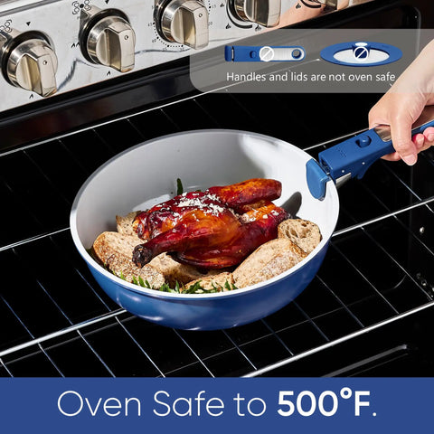 27 Piece Ceramic Nonstick Cookware Set With Detachable Handles For Easy Low Oil Cooking RV And Camping Ready Pots And Pans Dishwasher Safe And Oven Safe Includes Utensils Blue in oven with chicken