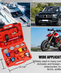 Coolant Pressure Tester Kit With Manual Pump And Adapters For Cars Trucks Motorcycles For DIYers And Pros Leak Down Radiator Gauge 0 to 35 psi 3 Inch Dial 14 Piece Automotive Tool Set Red shown in open red case with vehicles.