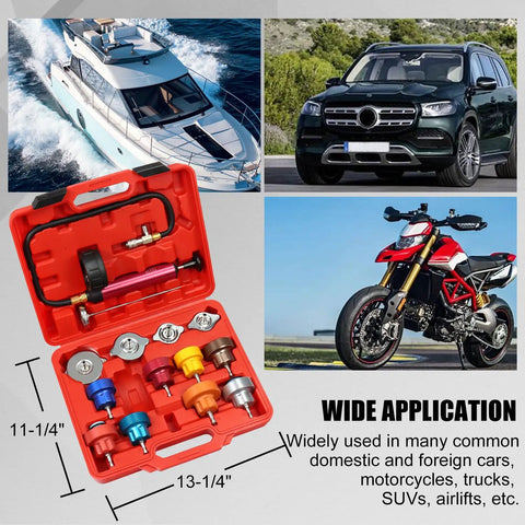 Coolant Pressure Tester Kit With Manual Pump And Adapters For Cars Trucks Motorcycles For DIYers And Pros Leak Down Radiator Gauge 0 to 35 psi 3 Inch Dial 14 Piece Automotive Tool Set Red shown in open red case with vehicles.