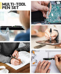 Fathers Day Gift For Dad And Men 9 In 1 Multitool Pen with LED light, stylus, ruler, bubble level, bottle opener, screwdrivers, and ballpoint pen in use.