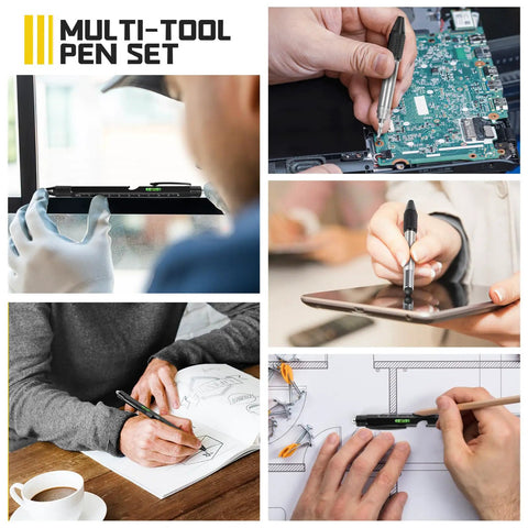 Fathers Day Gift For Dad And Men 9 In 1 Multitool Pen with LED light, stylus, ruler, bubble level, bottle opener, screwdrivers, and ballpoint pen in use.