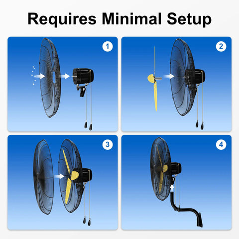 Beefed-Up Heavy Duty Wall Mount Fan With 11,200 CFM Industrial Airflow showing step-by-step minimal assembly process.