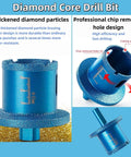 Diamond core drill bit, blue; hollow hole saw with measurement scale and pilot shaft front view
Side view of blue diamond core drill bit showing hollow body, chip-removal holes, and cutting edges
Close-up of blue diamond-coated edge around the hole saw body
Installed view: blue diamond core drill bit mounted with extended pilot shaft