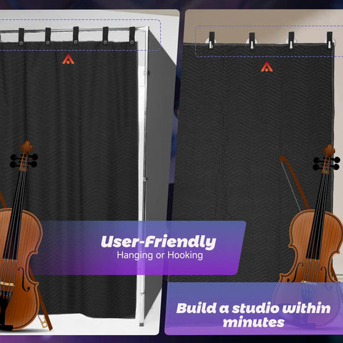 Heavy Duty 2 Pack Sound Dampening Blankets 48x80 Inches With Steel Grommets 850 GSM Acoustic Noise Reducing Pads hanging over a doorway.