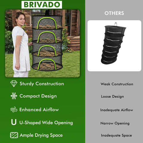Brivado four-layer 18-inch hanging mesh herb drying rack with woman, showing sturdy construction and airflow features