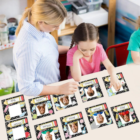 Teacher assisting child with 36 Pcs Composition Book Desk Name Tags With Photo Slots Self Adhesive Name Plates for school decor
