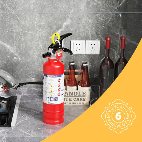 ABC Fire Extinguisher For Home And Vehicle With Quick Release Handle Dry Chemical Fire Safety on kitchen counter